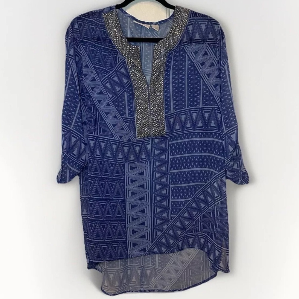 Chicos Women's Blue Embellished Tunic Top Size 2 L Artsy Boho Swim Cover Cruise